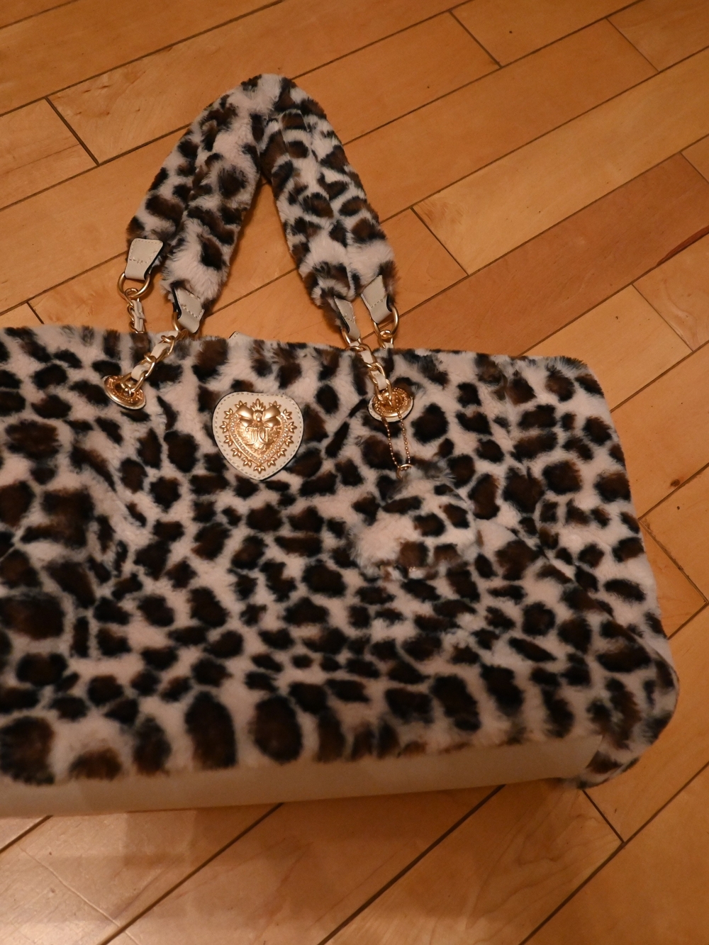 Juicy Couture Leopard Faux-Fur Tote in Black, Brown, Cream with Gold Hardware